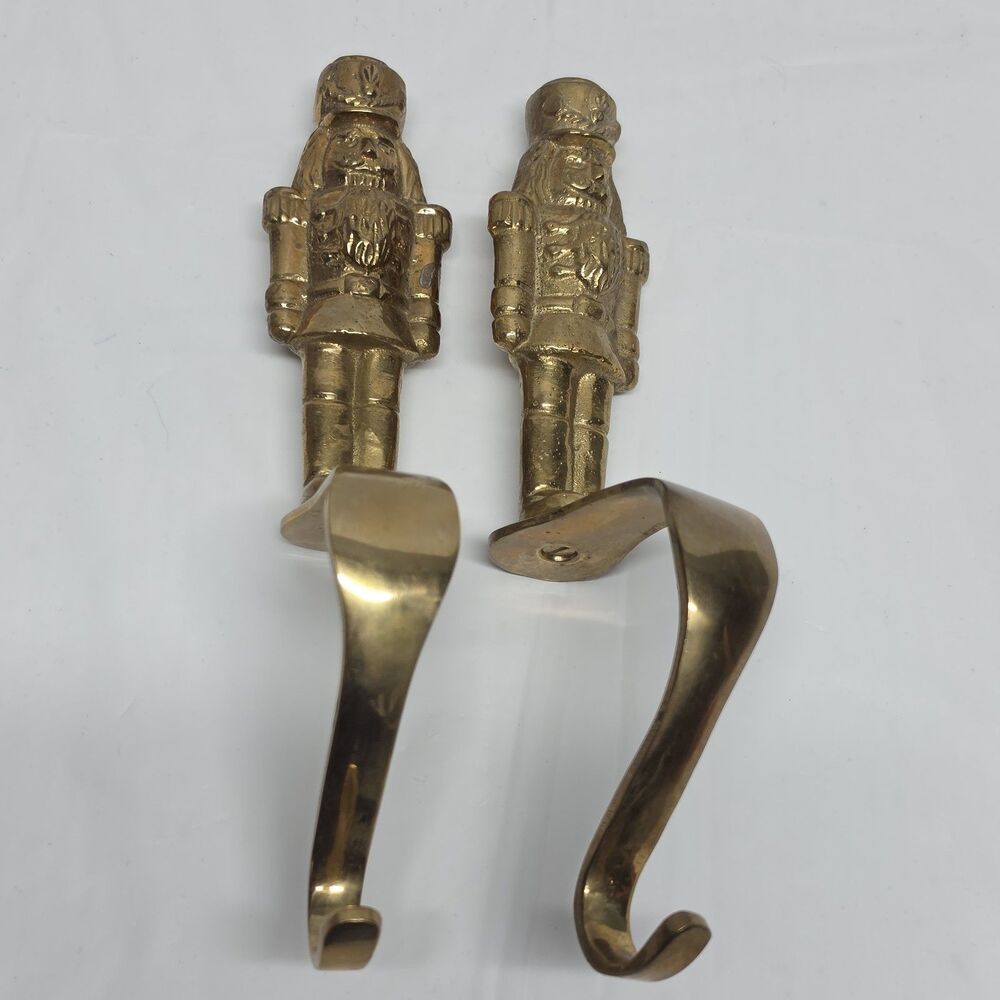 Vintage Brass Nutcracker Christmas Stocking Hanger Holder Fireplace Hook Set